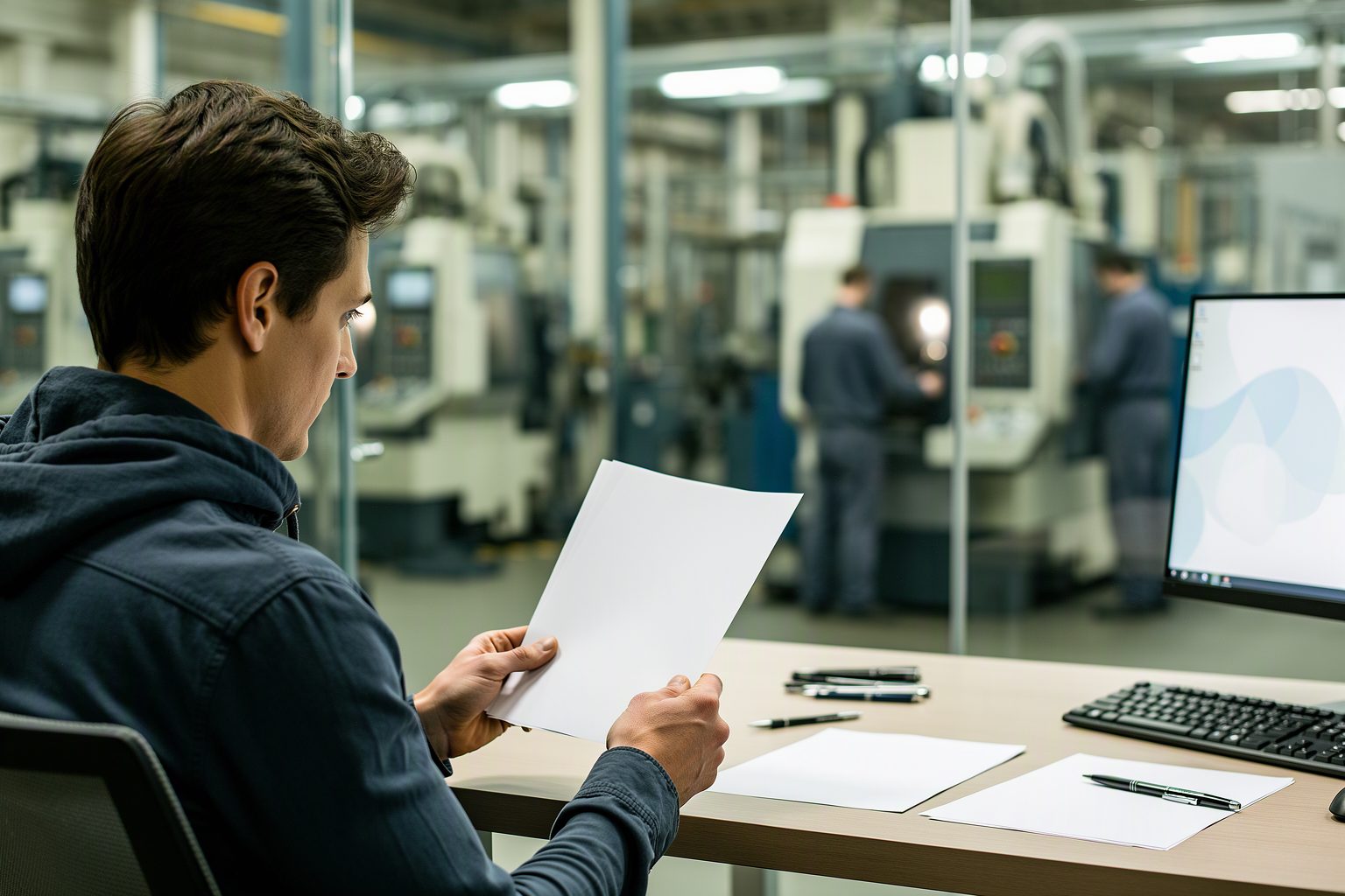 An inside sales representative checking a request for quote at a plant office
