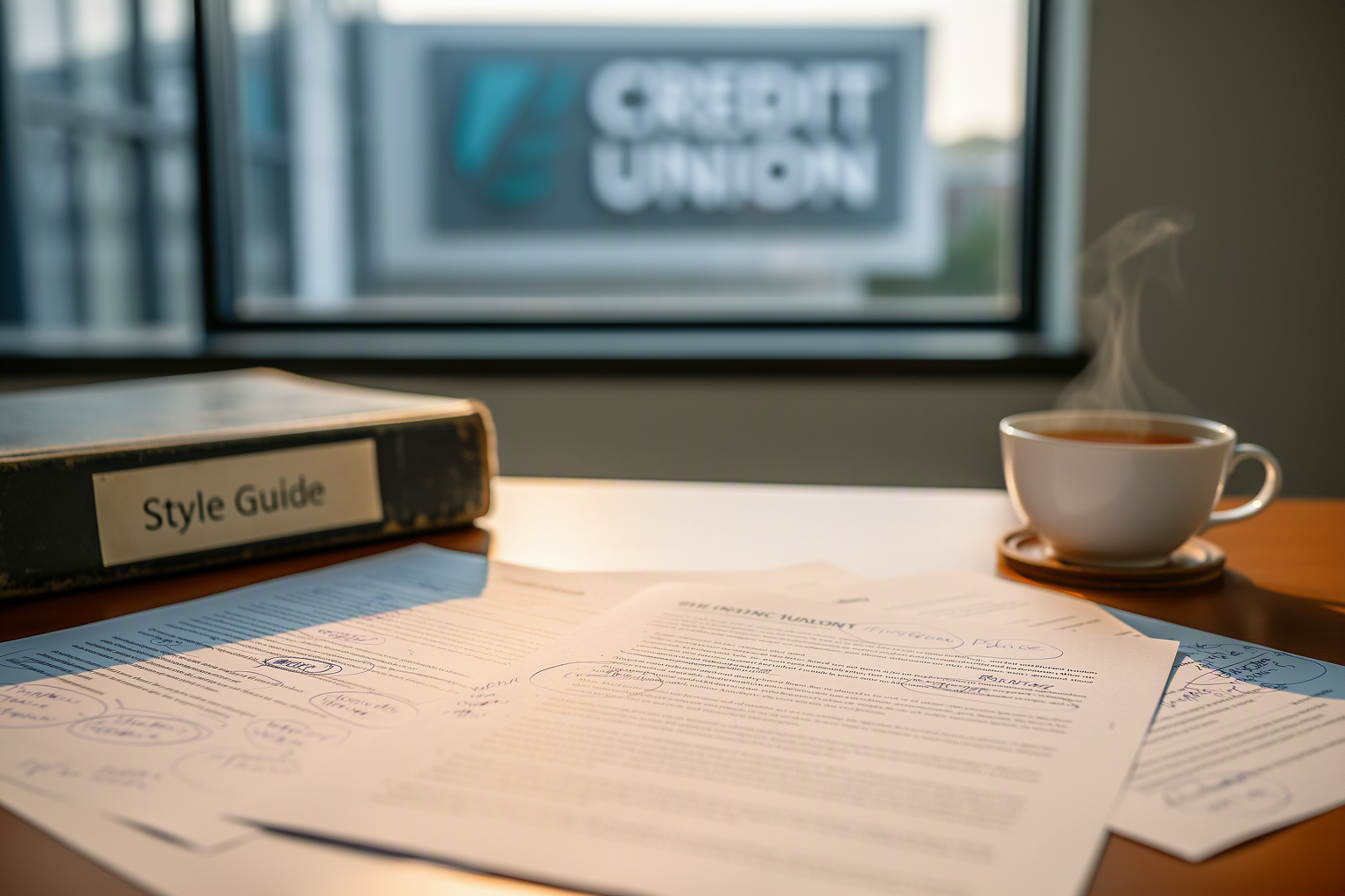 An editor reviewing printed articles for a credit union