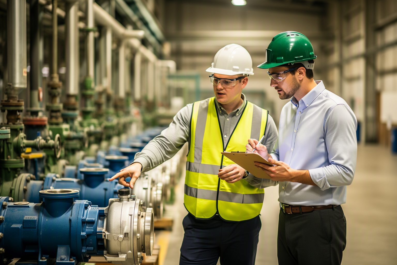 An outside sales rep and a plant reliability engineer reviewing pumps on a plant floor