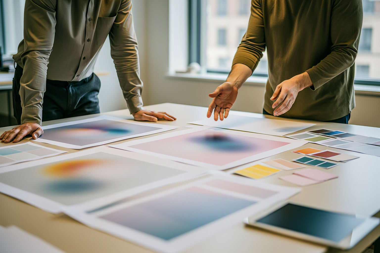 A client and a designer reviewing creative proofs