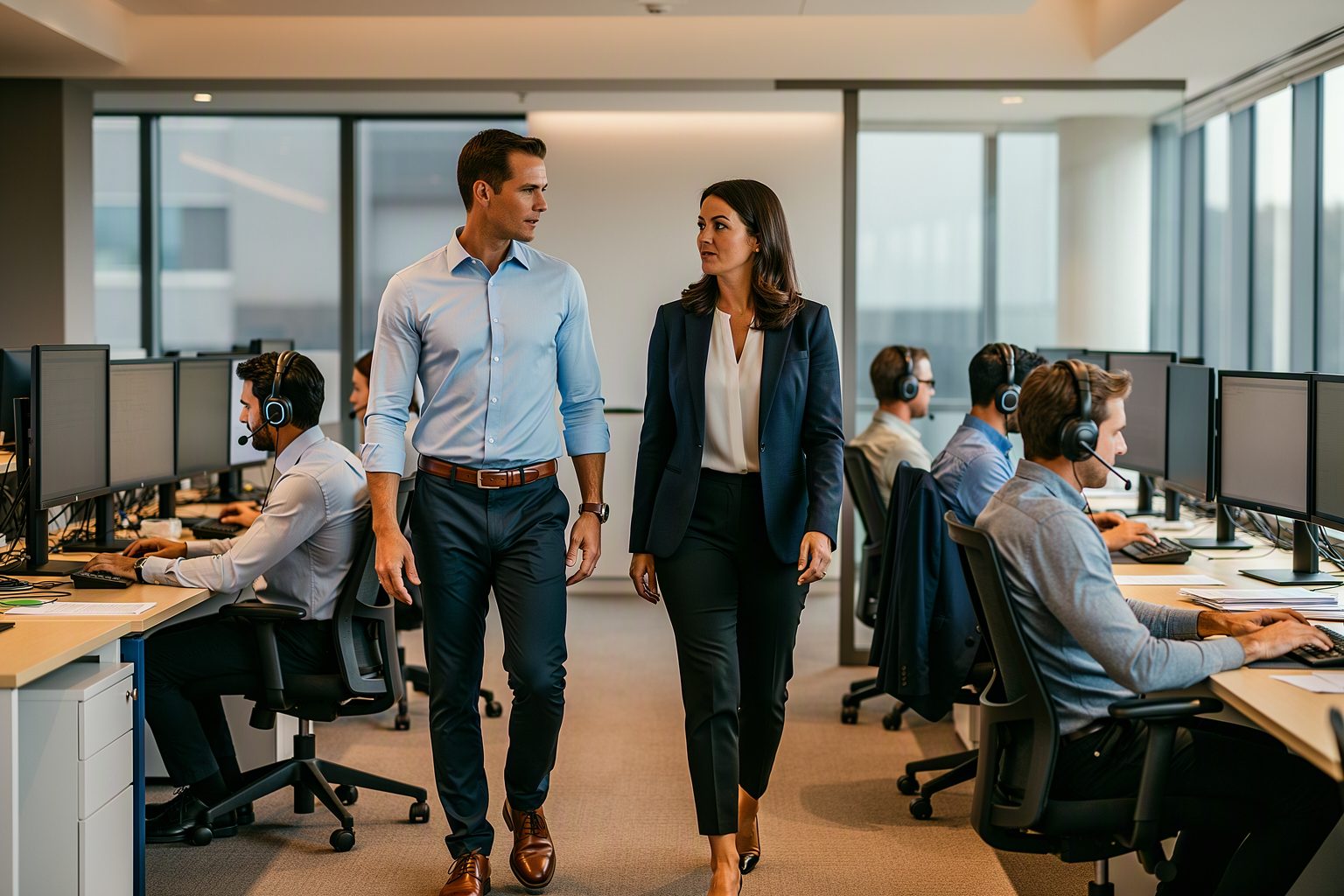 An operations consultant walking a freight dispatch floor with a client manager