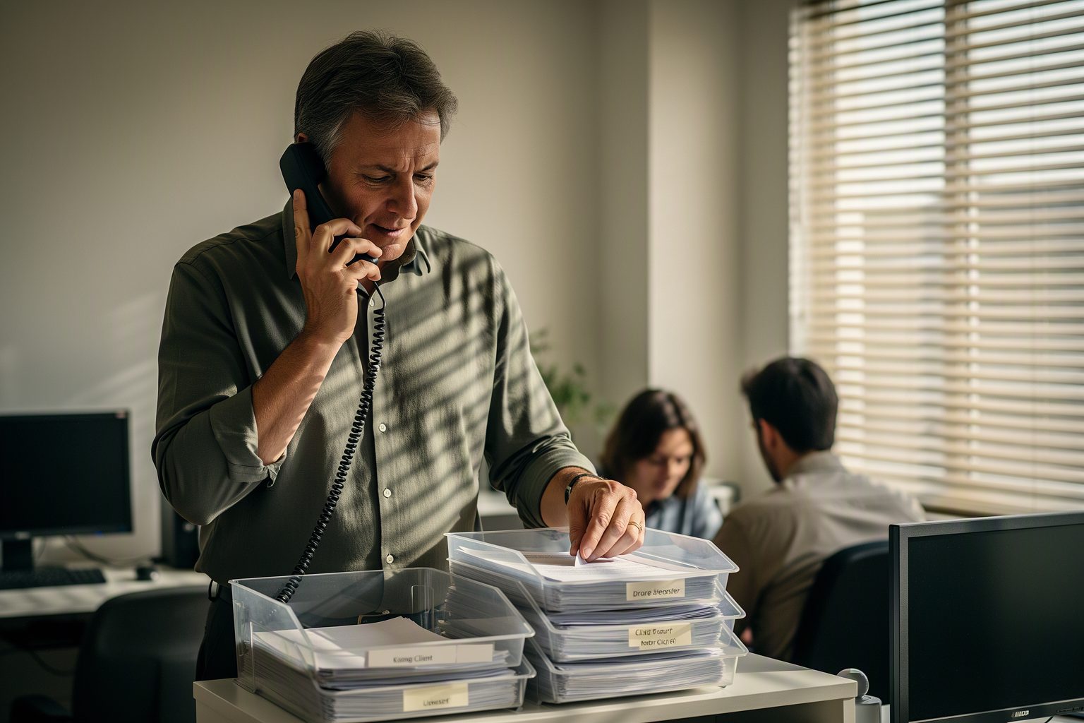A bookkeeper at an accounting firm chasing client paperwork by phone