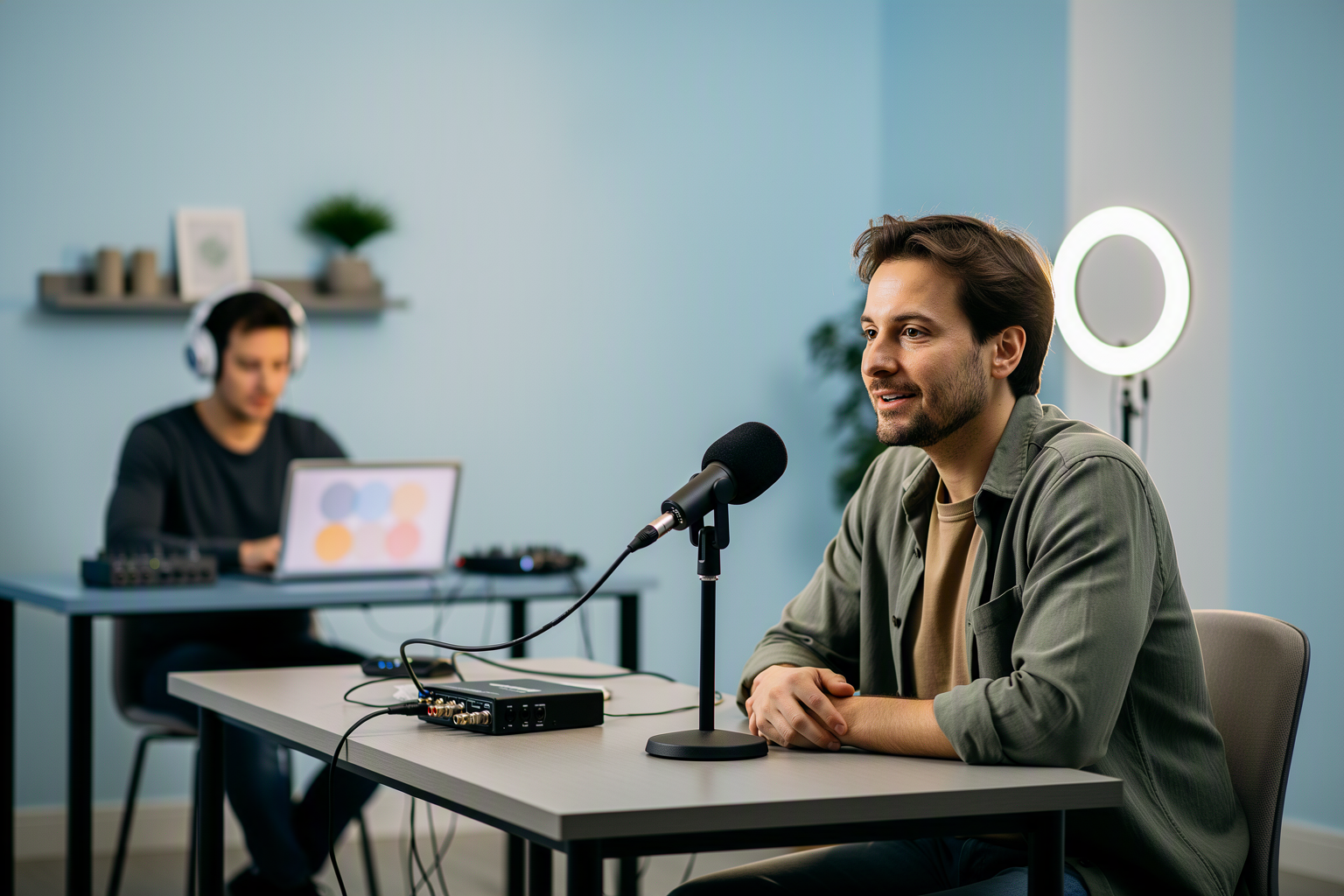 A webinar studio set with a presenter and a producer