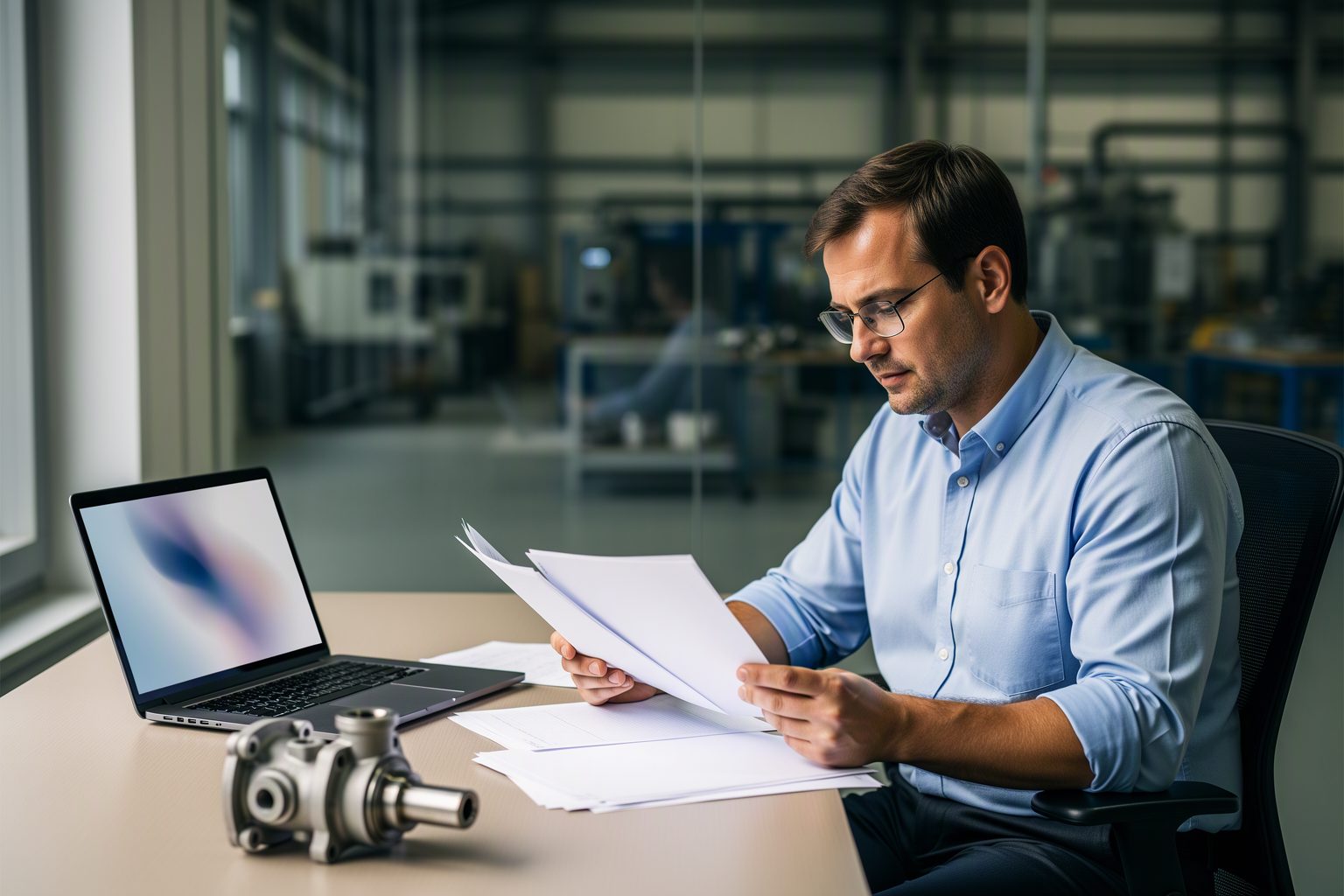 A commercial operations manager reviewing project registrations at a desk
