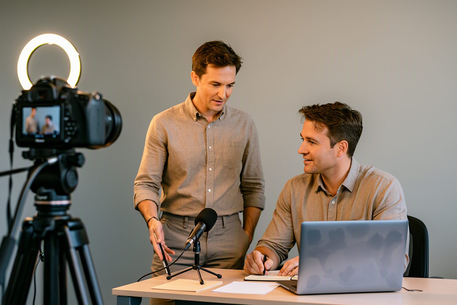 Two hosts preparing a webinar in a small studio room
