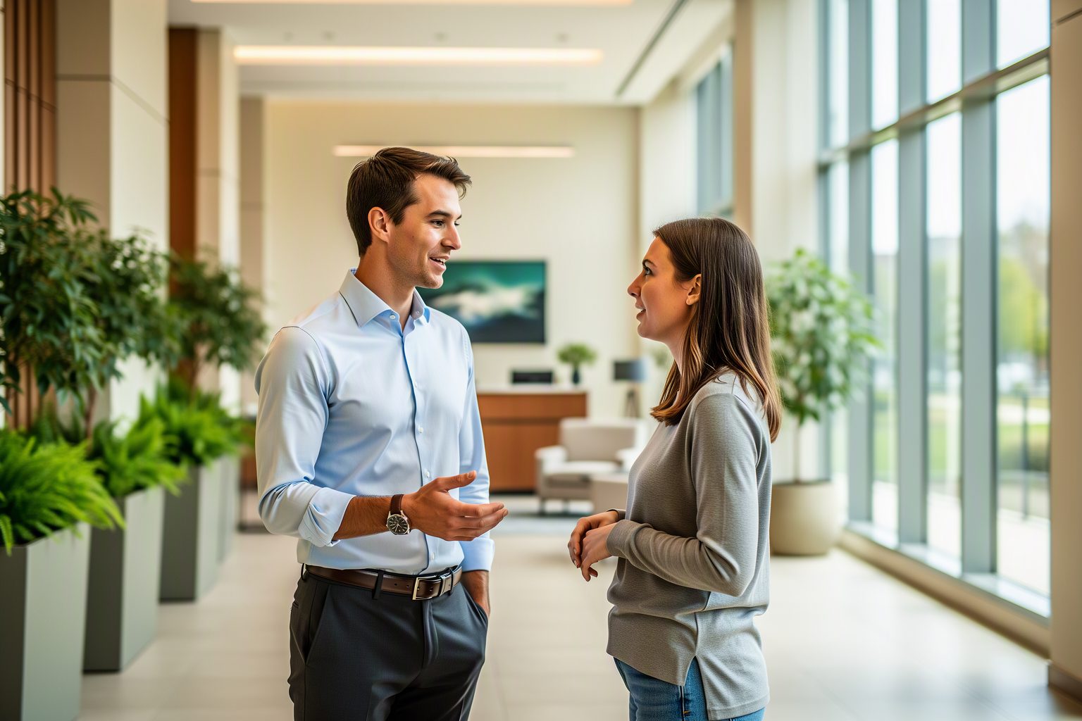 A property manager talking with a resident in a building lobby