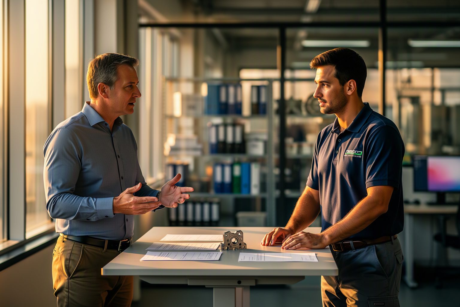 A commercial manager and a quoting engineer reviewing a quote before it is issued